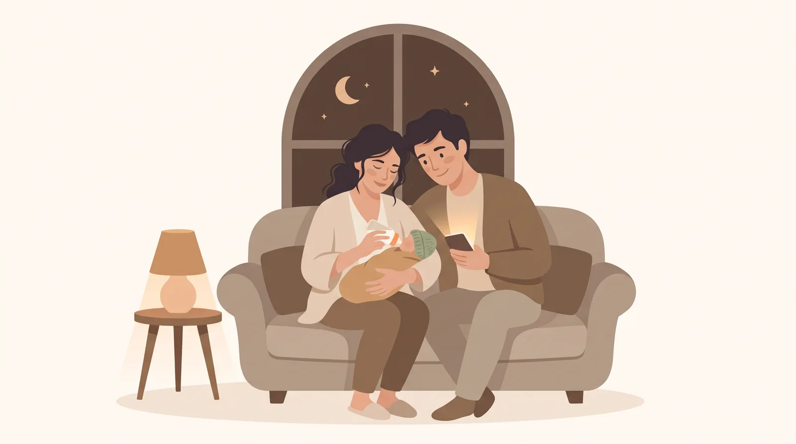 Two parents on a sofa at night, one feeding the baby a bottle, the other checking the app